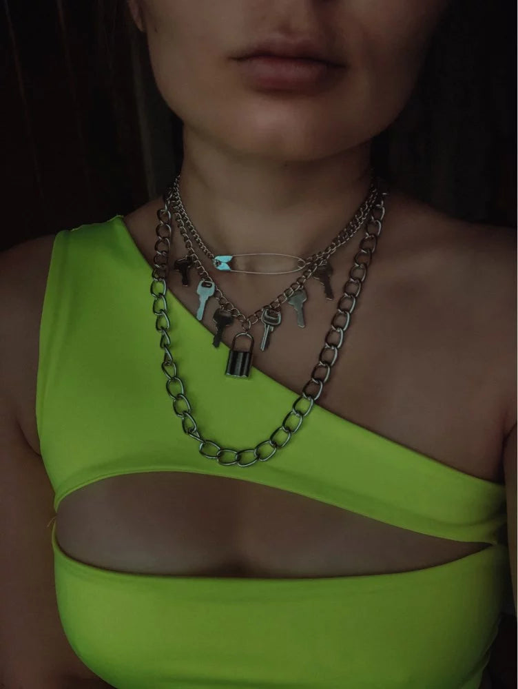 Punk Goth Pin Lock and Keys Necklace