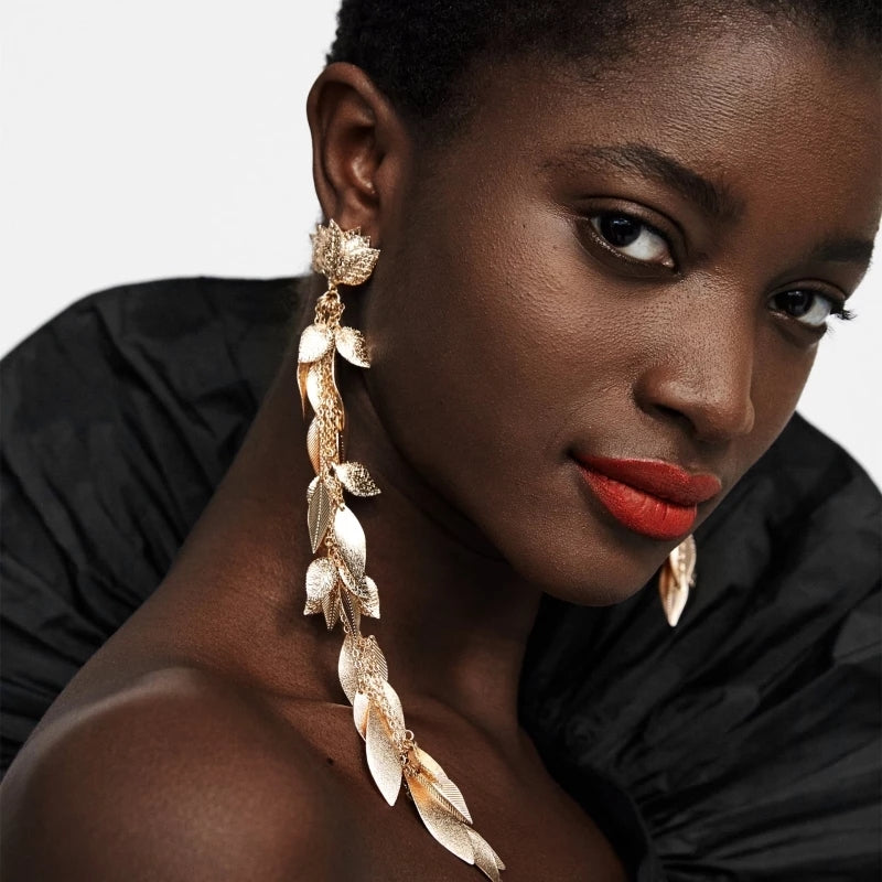 Extra Long Gold Tone Leaves Earrings