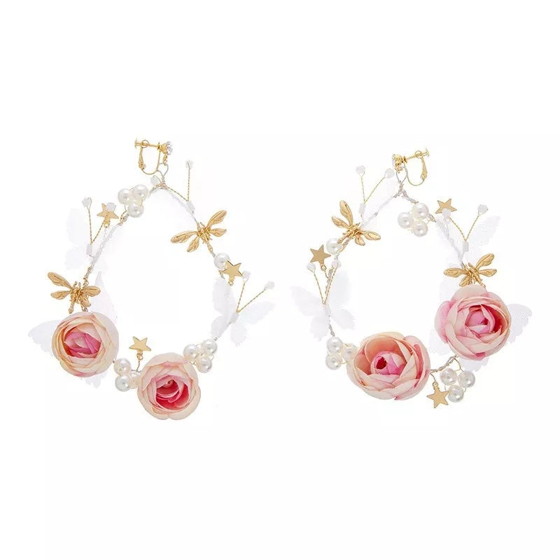 Large Pink Flower Hoop Earrings