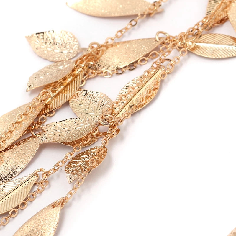 Extra Long Gold Tone Leaves Earrings