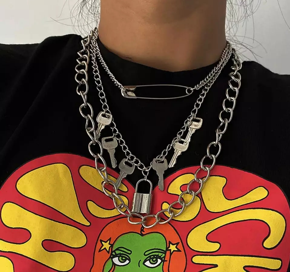 Punk Goth Pin Lock and Keys Necklace