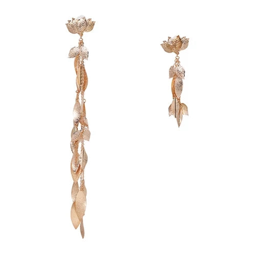 Extra Long Gold Tone Leaves Earrings