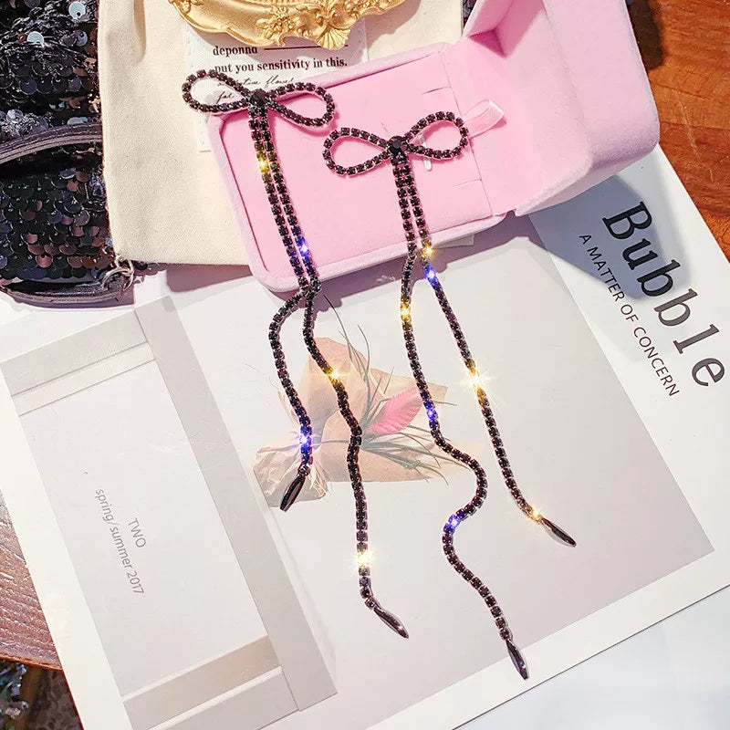 Black Bling Long Bow Earrings