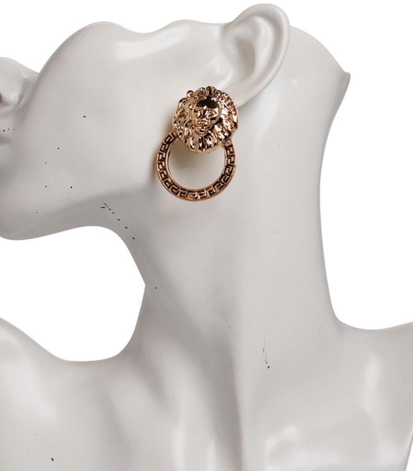 Gold Tone Lion Hoop Earrings
