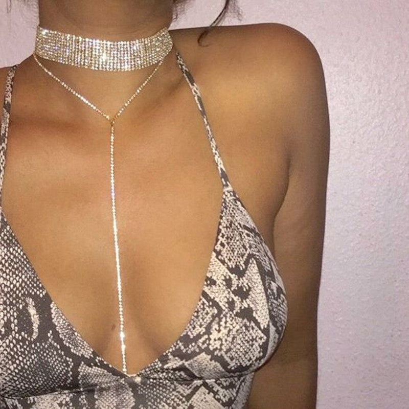 Rhinestone Choker with Long Necklace
