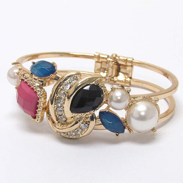 Pearl Stone Gold Tone Hinge Bracelet