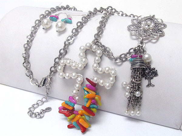 Extra Long Cross Stone Necklace Set