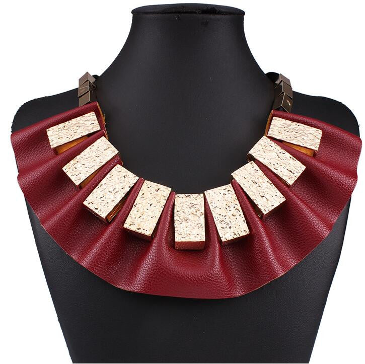 Leather Ribbon Tie Tribal Statement Necklace