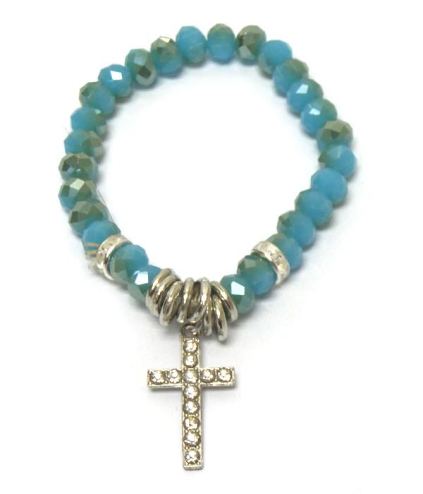 Glass Blue Beaded Cross Bracelet