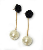 Black Flower Pearl Drop Earrings