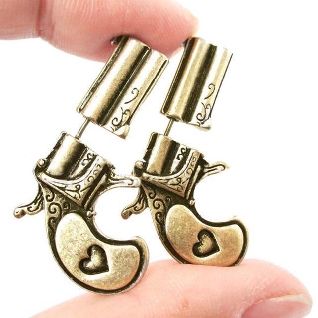 Gold Tone Gun Double Side Earrings
