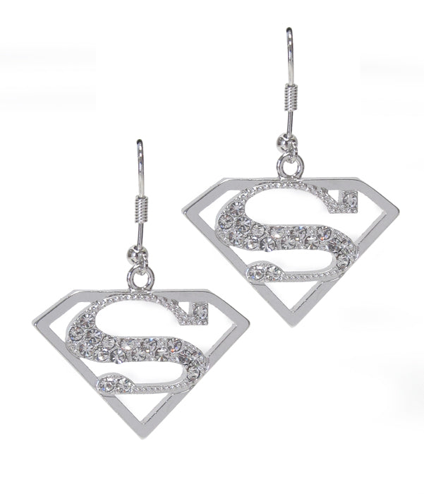 White Gold Plated Crystal Superman Earrings